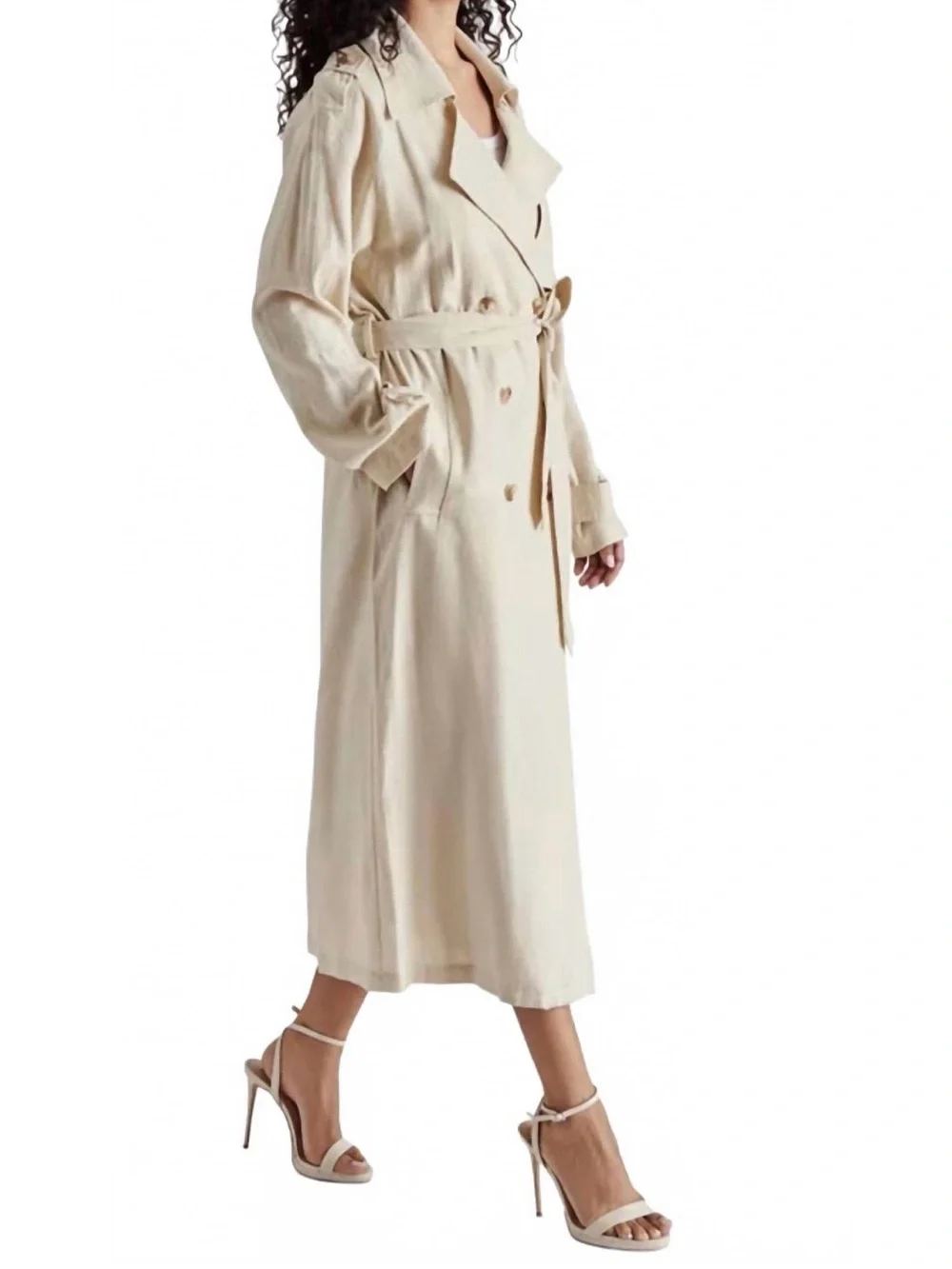 STEVE MADDEN Beige Double-Breasted Lennox Linen Blend Trench Coat M Medium - Picture 3 of 5
